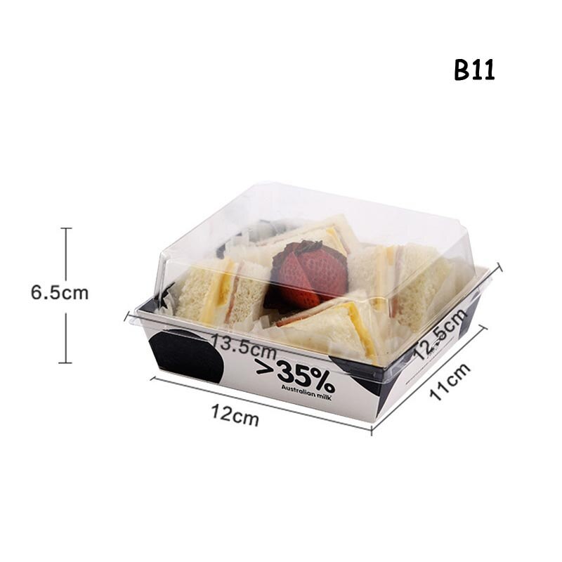 Engångsmacka kartong brödlåda puffar genomskinligt lock förpackningslåda bageri snacks förpackningslåda snabbmatslåda take away: B11