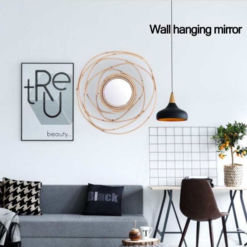 Espejo decorativo de mimbre, espejo de ratán nórdico hecho a mano, colgante de pared, adornos para fotografía, espejo, decoración del hogar