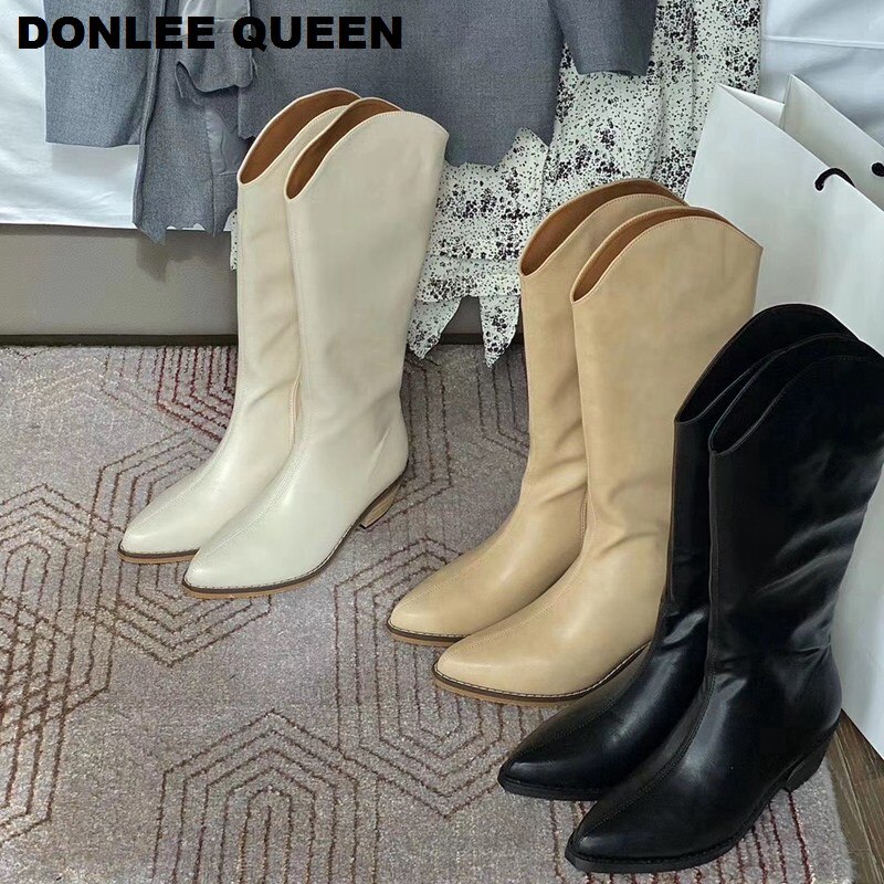 Herfst cowboylaarzen voor dames, hoge hakken, laarzen voor dames, western cowgirl laarzen, rits, halfhoge dikke sleehakken, winterlaarzen