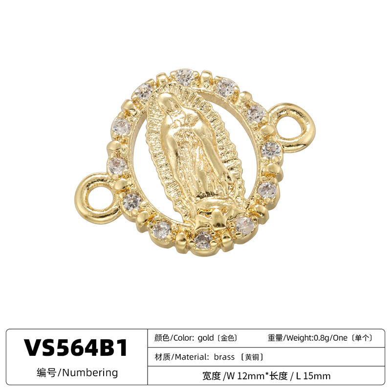 ZHUKOU-Colgante católico de la Virgen María de latón chapado en oro, manualidades con agujeros dobles, accesorios para collar y pulsera DIY