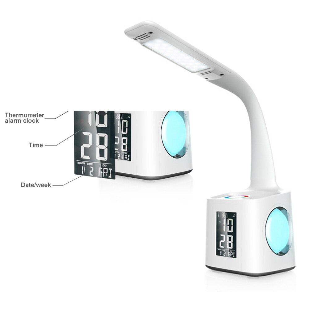 Ledet bordlampe med usb opladningsport natlampe alarmur termometer kalender 3- niveau lysdæmper bordlampe med penholder
