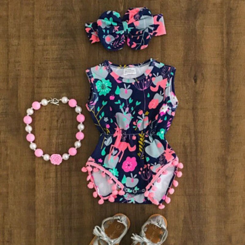Toddler Baby Boys Girls Bodysuit Summer Floral Sleeveless Bodysuit + Headband 2pcs Jumpsuit Outfits Clothes Size 0-24Months