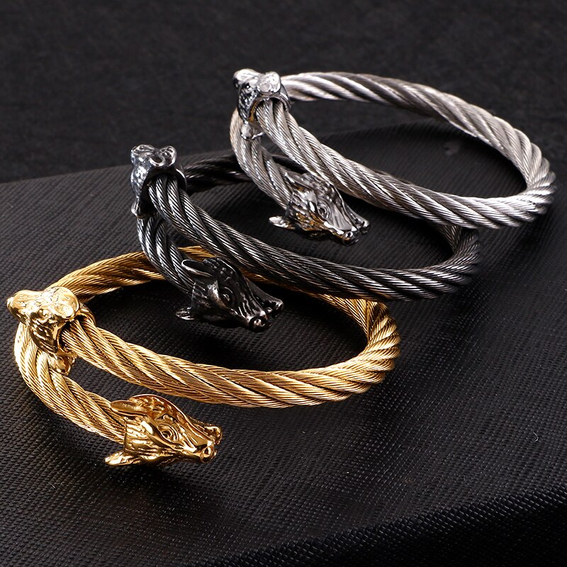 Punk rostfritt stål matt viking varg drake berlock armband man hip hop kabel tråd guld djur manschett armband män smycken
