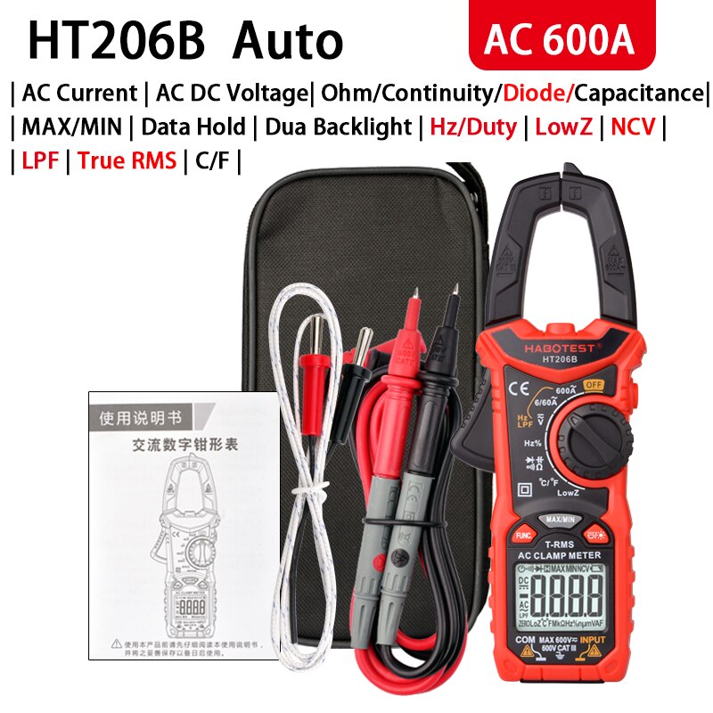 Current Clamp Meter Multimeter HABOTEST HT206 Series AC DC Amp Meter Digital Amperometric Voltage Tester HT206D: HT206B AC Prof