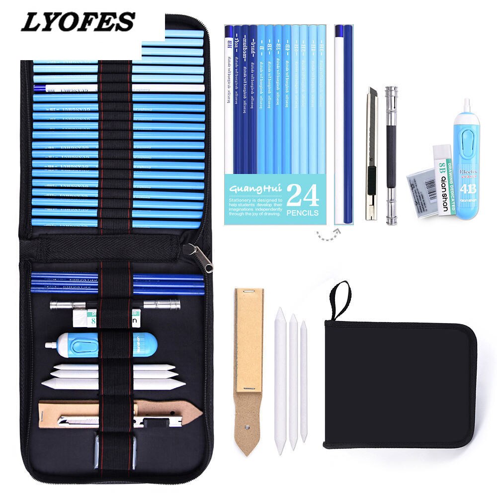 24/38Pcs Professionele Schets Potlood Set Professionele Schetsen Tekening Kit Hout Potlood Potlood Zakken Scholieren Art Supplies