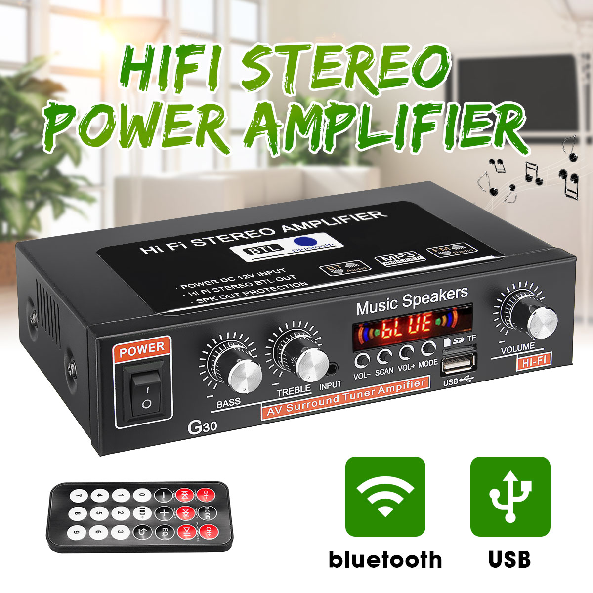 12V 220V 2-channel HiFi Stereo Audio Car Amplifier Car Audio bluetooth 2 Channel Digital Powerful Car Amplifier for Subwoofer