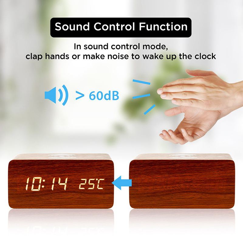 Relógio despertador com para qi almofada de carregamento sem fio compatível com para iphone samsung madeira led relógio digital função de controle de som,
