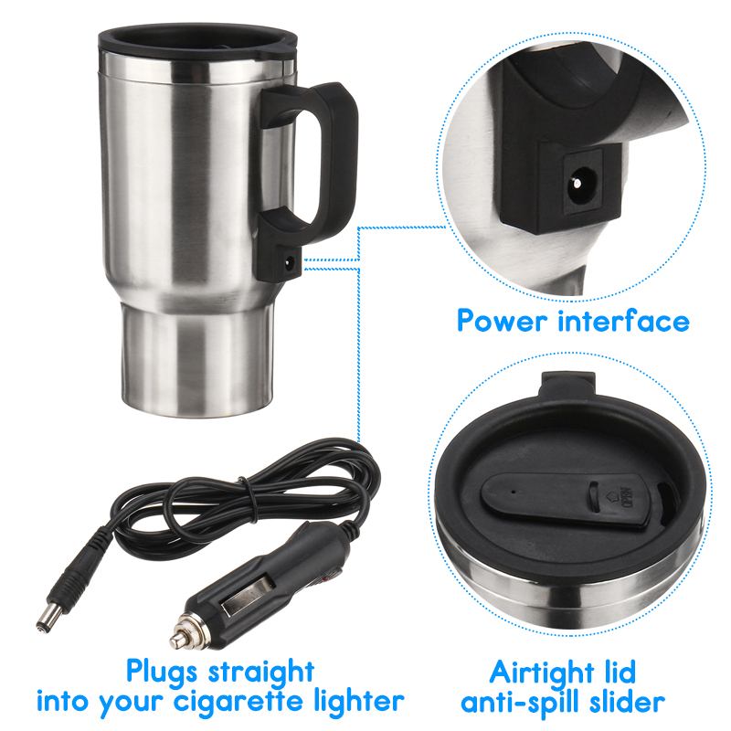 450ml Car Electric Heated Mug Vehicle Heating Cup Stainless Steel Car Insulated Mug Travel Tea Coffee Cup