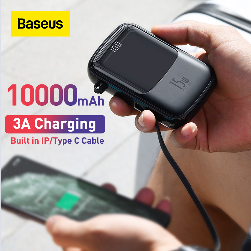 Baseus 10000mAh Mini Power Bank Built in Cables PowerBank External Battery Charger For iPhone 12 11 Pro Xiaomi Samsung Huawei