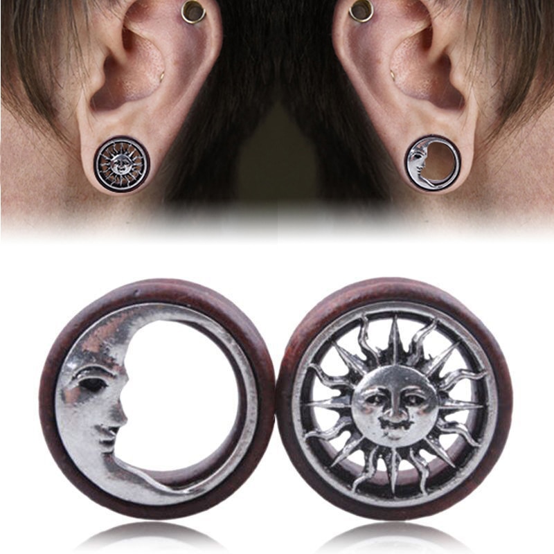 1 par de tapones de oreja de madera hueca de sol y luna medidores de la montura túnel de la carne dilatación piercing de oreja mujeres joyería del cuerpo 8mm-20mm