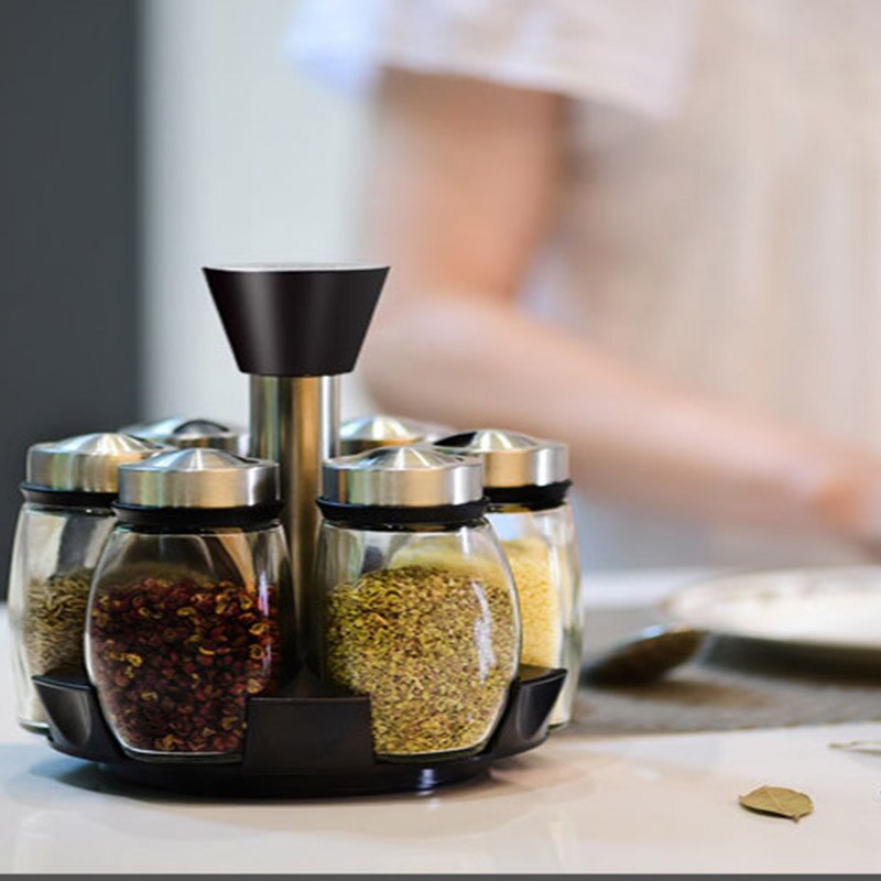 Bocal à épices rotatif | Bocal à épices en verre, boîte d'assaisonnement rotatif, sel, sucre poivre secoueur Condiments porte-bouteille Gadget de cuisine 1 ensemble