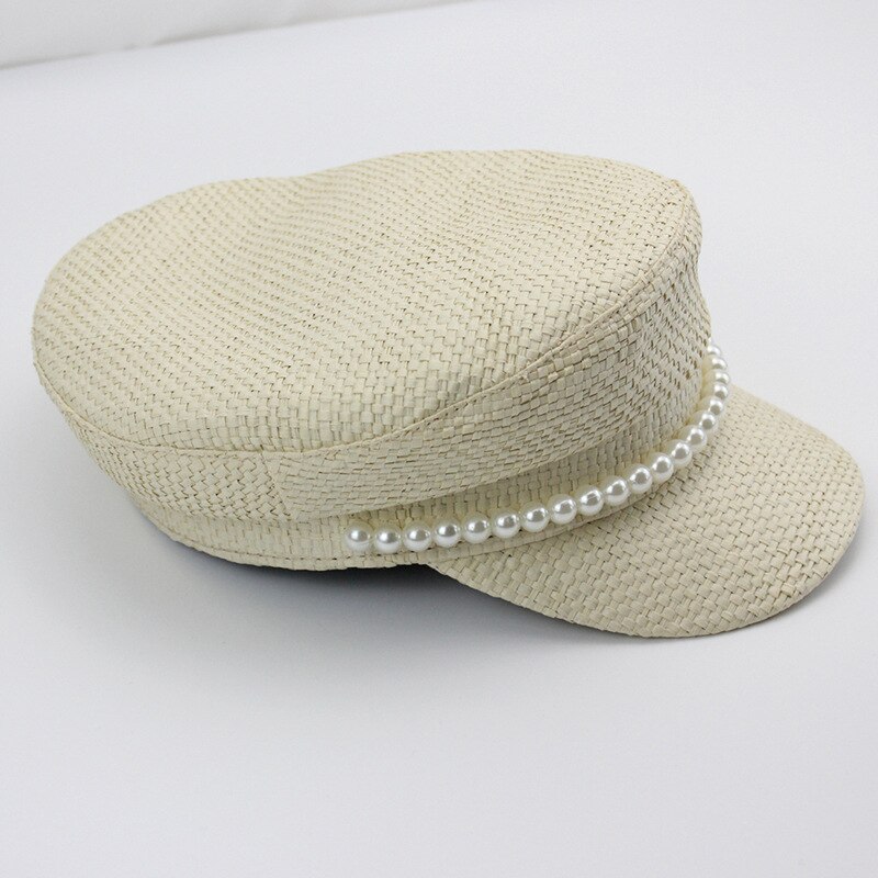 Kvinders britisk stil bomuldslinned vævet strik beret cap flad cap efterligning perle marineblå hat: Beige