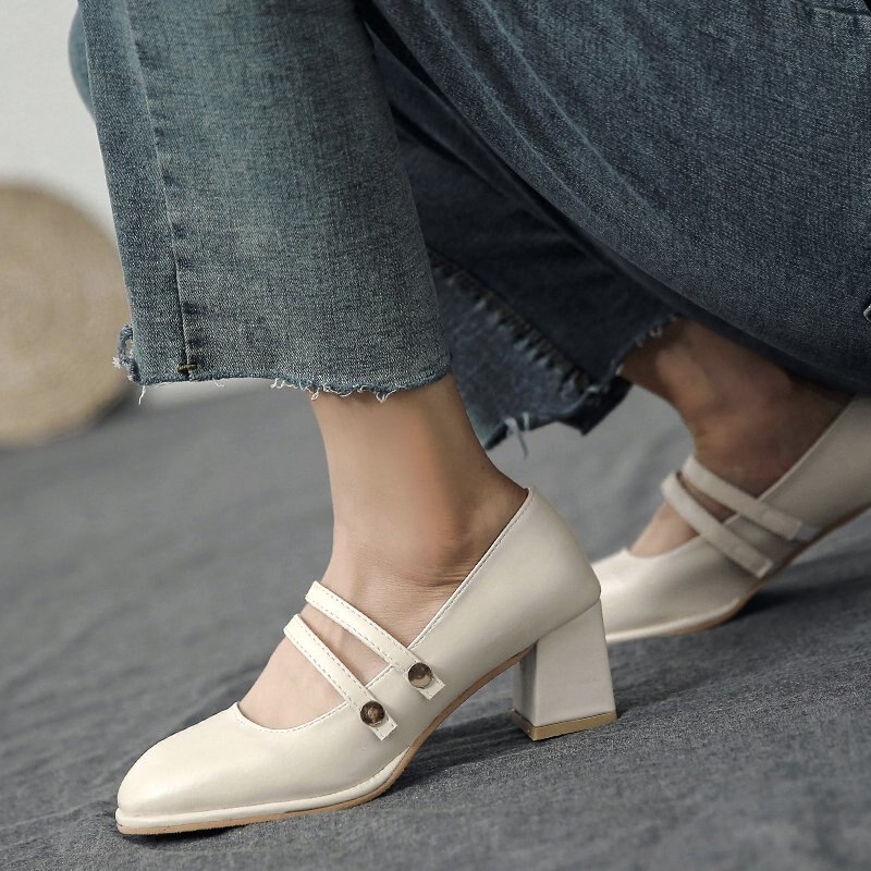 Women Mary Janes Shoes Square Toe Pumps Square Heeled Dress Shoes Double Band High Heels Big Size 41 42 Zapatos mujer 8835C