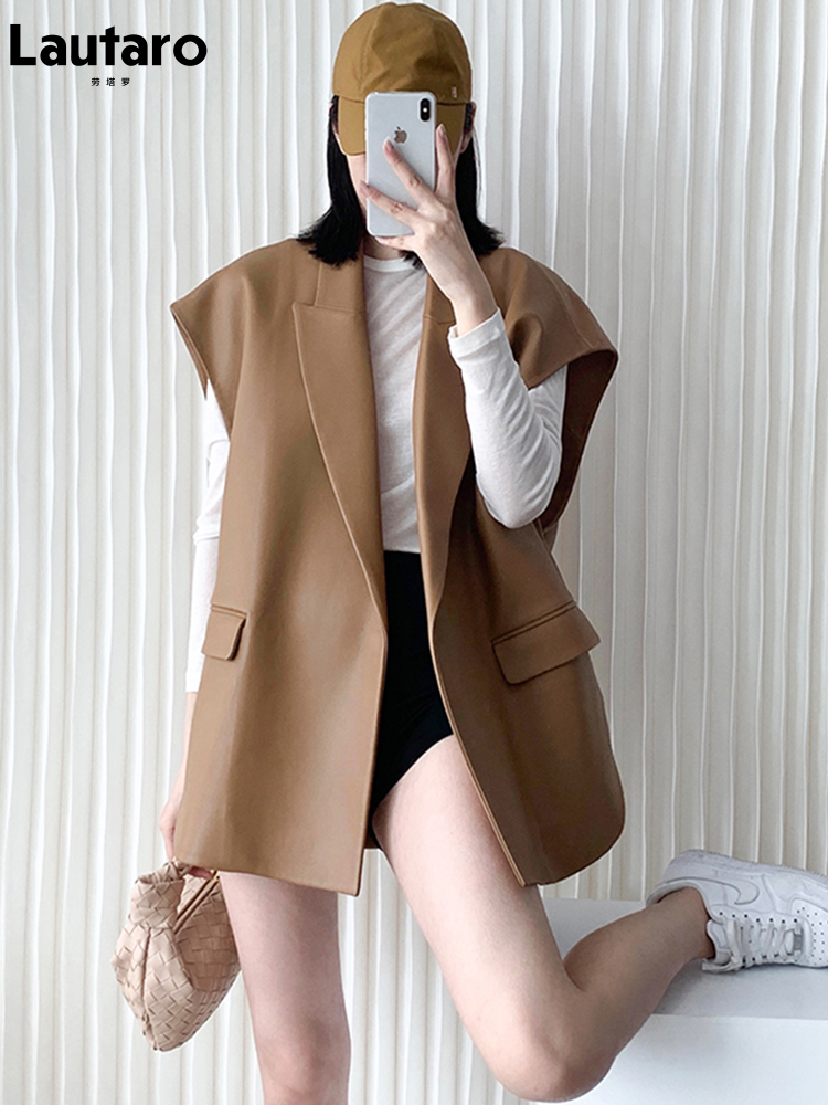 Lautaro-dames licht zacht kunstleer vest, revers, , luxe, ontwerper, mouwloos jasje, lente, herfstmode, zwart