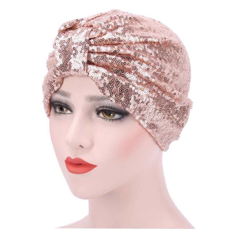 Couvre-tête à motif de paillettes pour femmes, Turban, Bonnet, chapeau, écharpe musulmane, casquette, nœud rond réutilisable, Harajuke