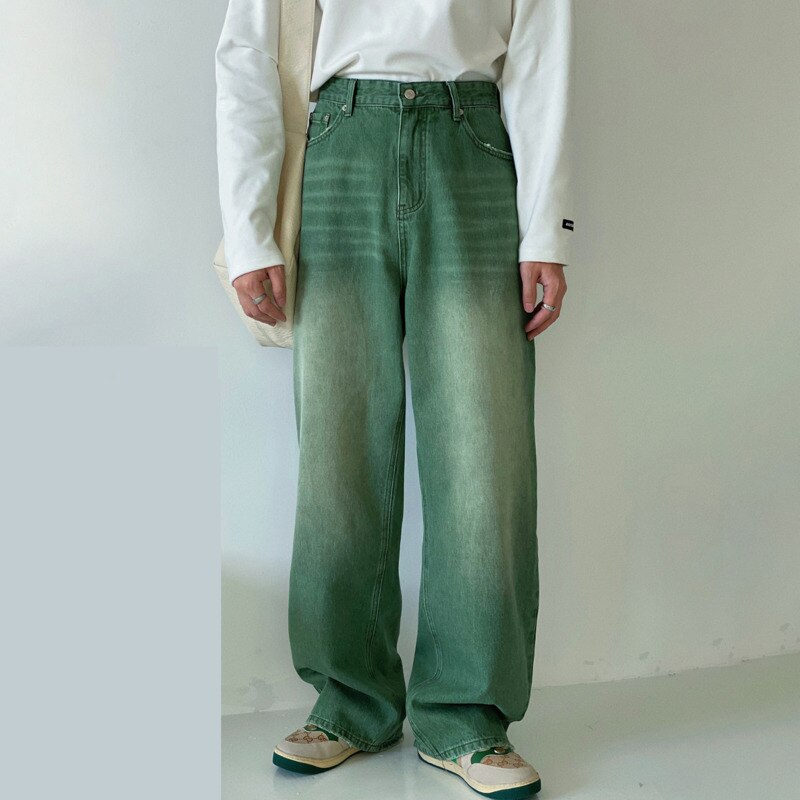 IEFB Vintage Men&#39;s Straight Mid Waist Green Jeans 2022 Spring Casual Loose Distressed Denim Long Pants Wide Leg Trousers