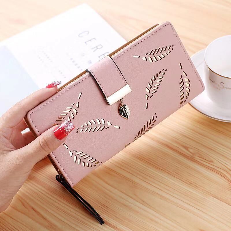 Vrouwen portemonnee pu leren portemonnee dames lange portemonnee gouden holle bladeren buidel handtas voor vrouwen portemonnee kaarthouders clutch