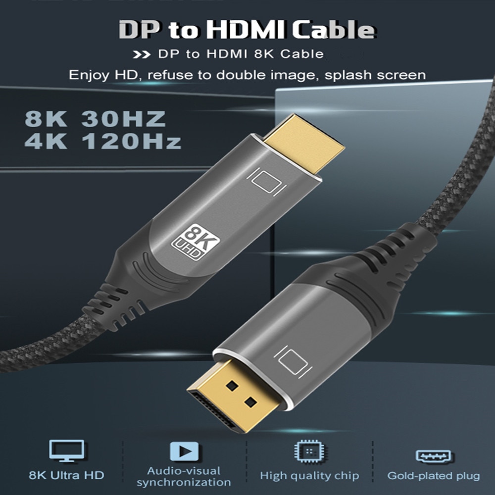 8K DisplayPort to HDMI-compatible Cable UHD 8K@30Hz 4K@120Hz Ultra Speed 48Gbps HDR for projector HDTV DP1.4 to HD2.1 Cable