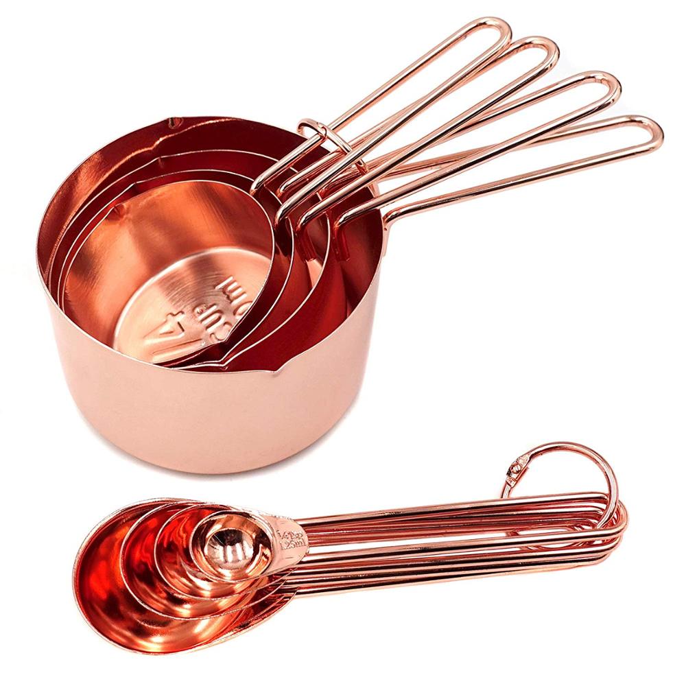 Rostfritt stål mätskedar pläterade koppar roséguld mätskedar och koppar set köksprylar bakverktyg: 8 st