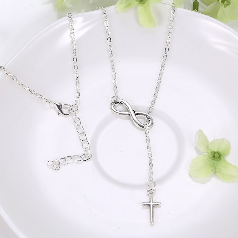 Classic 8 word Infinity Tassel Cross Pendant Silver Color Clavicle Chain Necklace Female Charm Boho Choker Jewelry Collar kolye