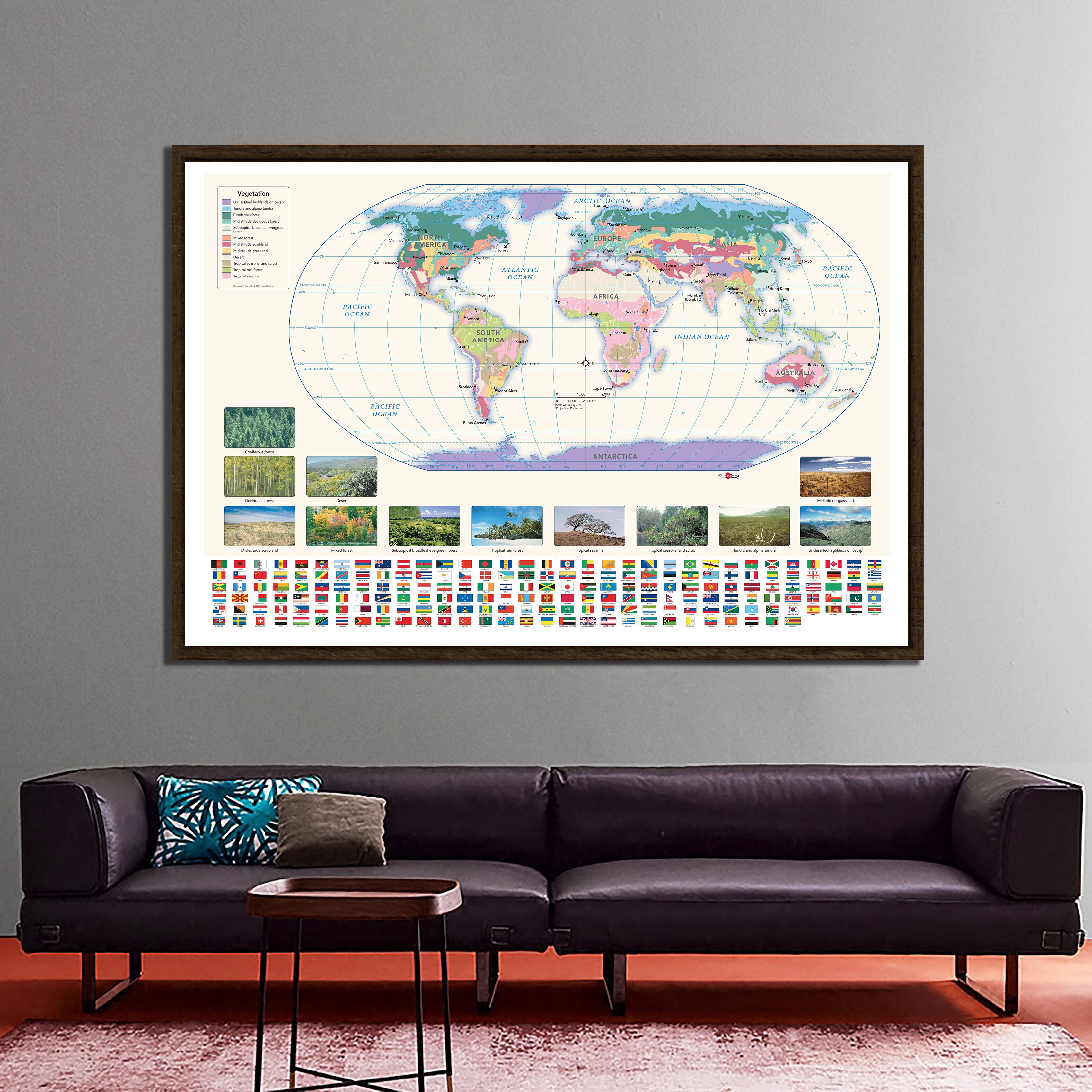 De Wereldkaart Met Vegetatie Kaart En Nationale Vlaggen 150X225 Cm Non-woven Waterdichte Wereldkaart