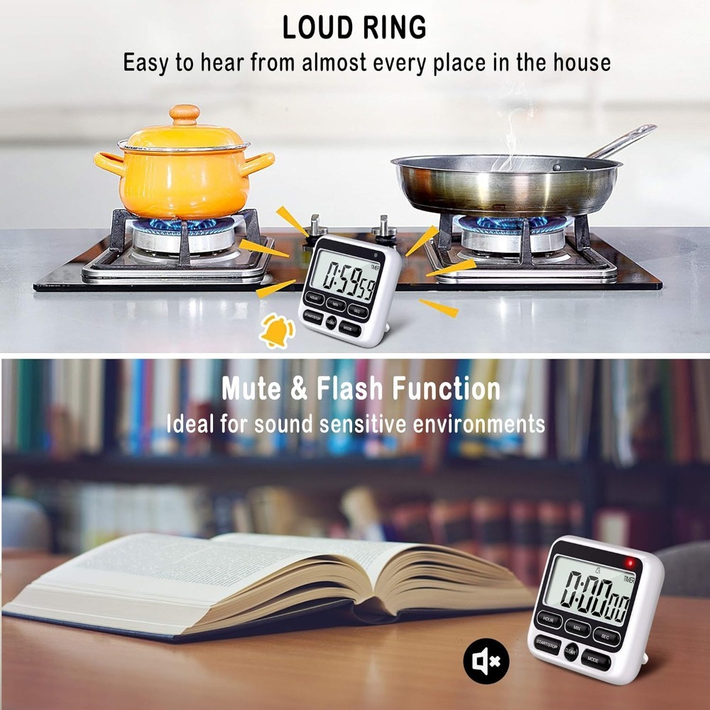 Digital Kitchen Timer with Mute/Loud Alarm Switch ON/Off Switch, 24 Hour Clock & Alarm, Memory Function Count Up Count Dow