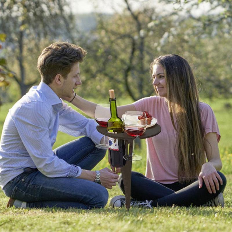 Mesa de madeira redonda dobrável mesa de vidro vinho ao ar livre portátil lanche piquenique rack mesa madeira desktop para acampamento viagem