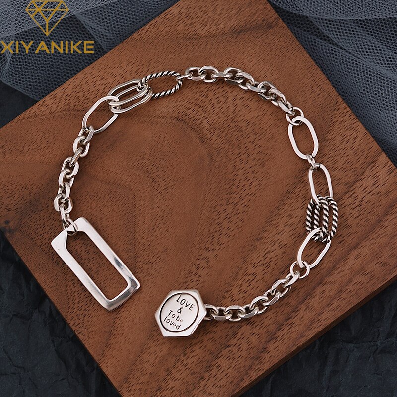 XIYANIKESilver-pulsera de letras hexagonales geométricas para mujer, joyería Punk que combina con todo, hecho a mano