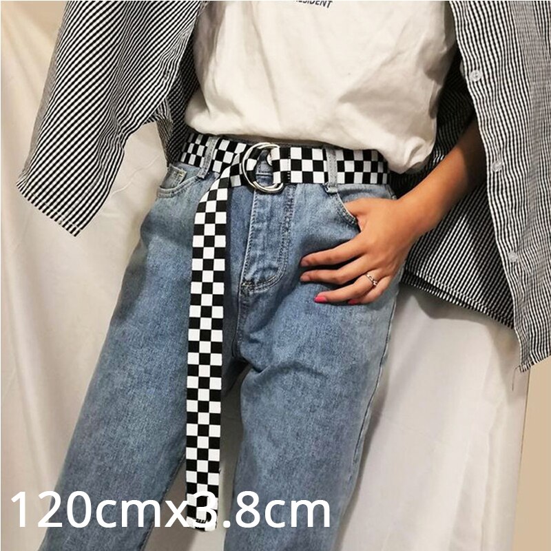 Frauen Leinwand Regenbogen Gürtel Weibliche Bunte Doppel D Ring Schnalle Hosen Jeans Lange Gürtel Damen Schüler gewebte gestreift Gurt 264: 357-Gitter