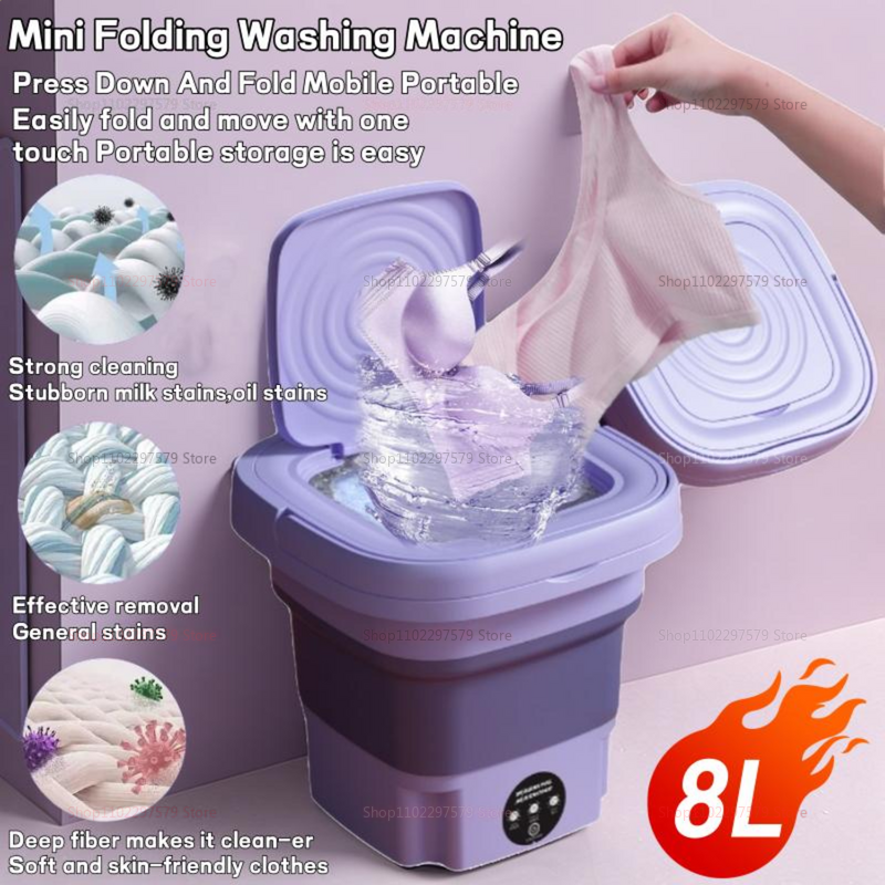 8L Foldable Washing Machine with Drain Hose Full Automatic Mini Laundry Machine for Apartment Dormitory Hotel Portable Washer