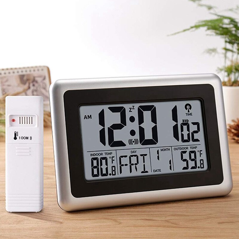 Digital Atomic Wall Clock, Desk Alarm Clock, Battery Operated With Wireless Sensor 300 Ft / 100 Meter Range, Large Lcd Display,