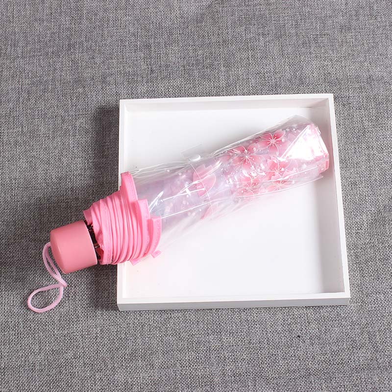 Japanese Cherry Blossom Transparent Umbrella Plastic Girl Female Cute Flower Rain Umbrellas 3 Folding Women Clear Umbrella Small: Non-automatic Pink