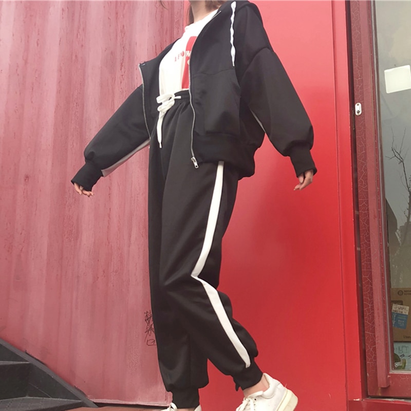 Vertvie Workout Tracksuits Women Zipper Crop Tops Drawstring Calf Length Pants Patchwork Sports Suits Oversize Coat Fitness