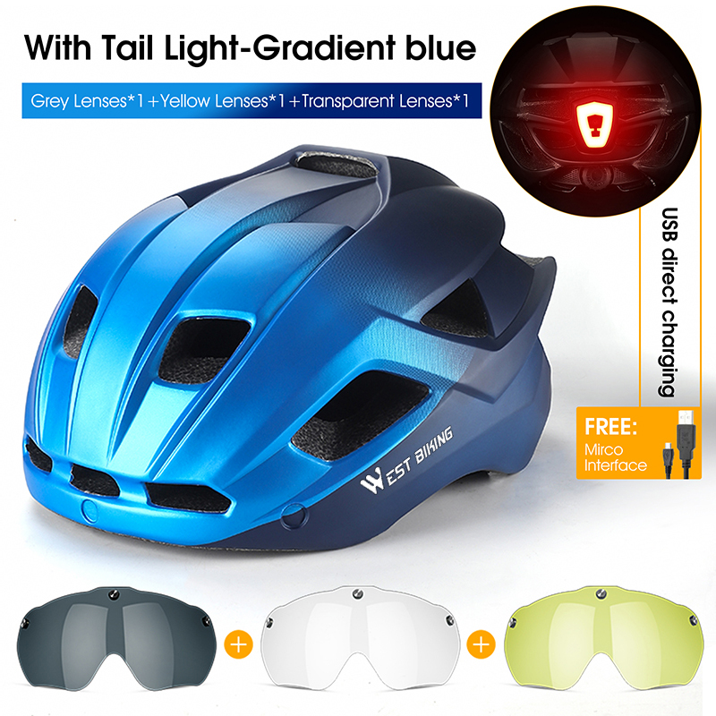 WEST BIKING-casco de ciclismo para hombre y mujer, gafas con luz trasera, visera para el sol, casco para bicicleta de montaña y carretera, gorra segura para motocicleta: Caqui