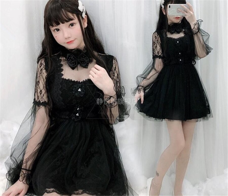 Long Sleeve Dress Lolita Dress Women White Black Dress Sweet Lolita Skirt D391