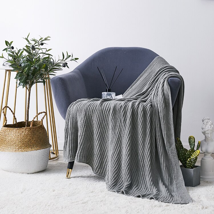 Grå filt soffstickad sofffilt gul mjuk rand kabelstickad filt resa 130 x 180cm hemsoffa stol bäddsoffa 50 " x70 ": Grå