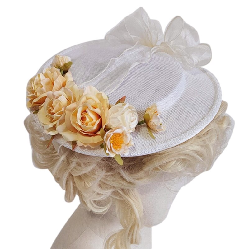066C Exquisite Lolita Hat Flat Top Hat with Light Yellow Flowers All-match Bonnet Hat for Afternoon Pastoral Party Tea Party