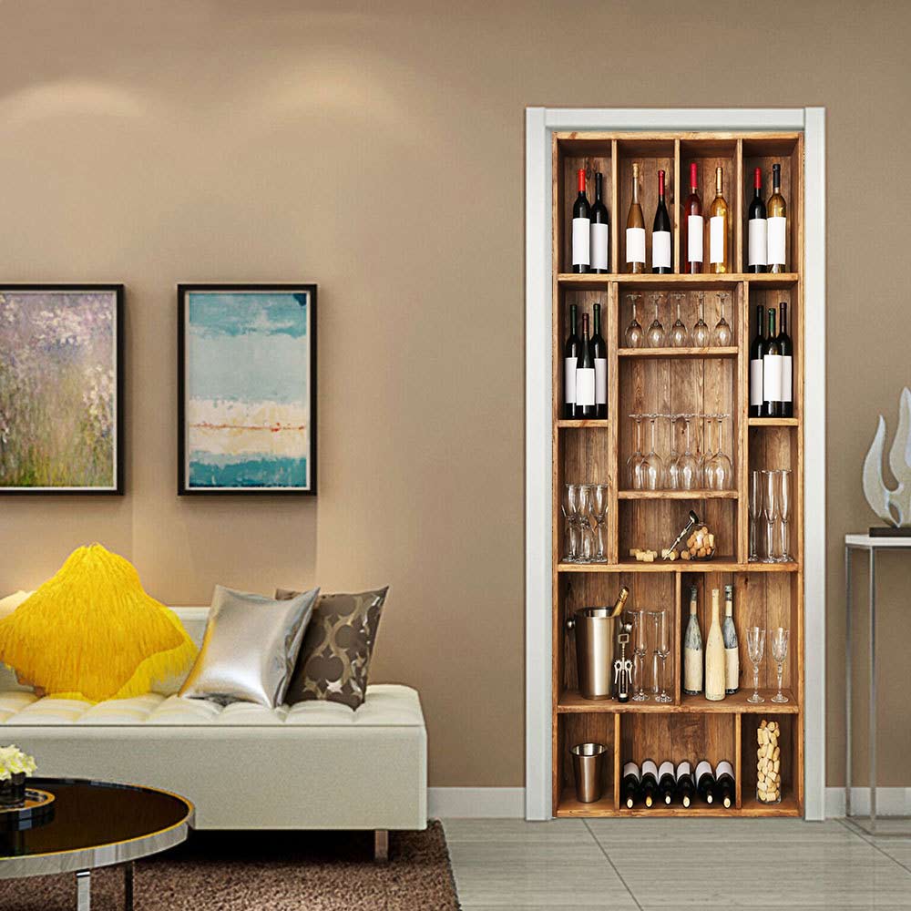 Porte autocollant toile impression 3d armoire à vin image auto-adhésif étanche papier peint décor à la maison pour salon Art toile pâte