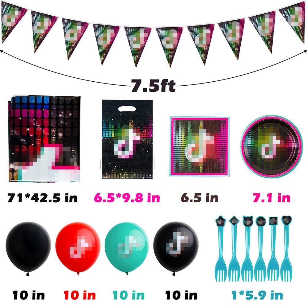 124Pcs Music Notes Theme Party Supplies Happy Birthday Party Fans Banner Balloons Treat Bag Table Cloth Plates Kit Short Video