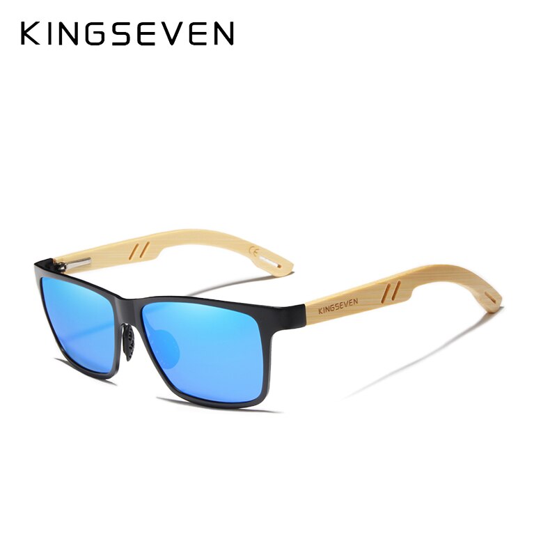 KINGSEVEN Polarized Aluminum+Bamboo Natural Wooden Handmade Sunglasses Men UV400 Eyewear Women Sun Glasses: Mirror Blue Bamboo