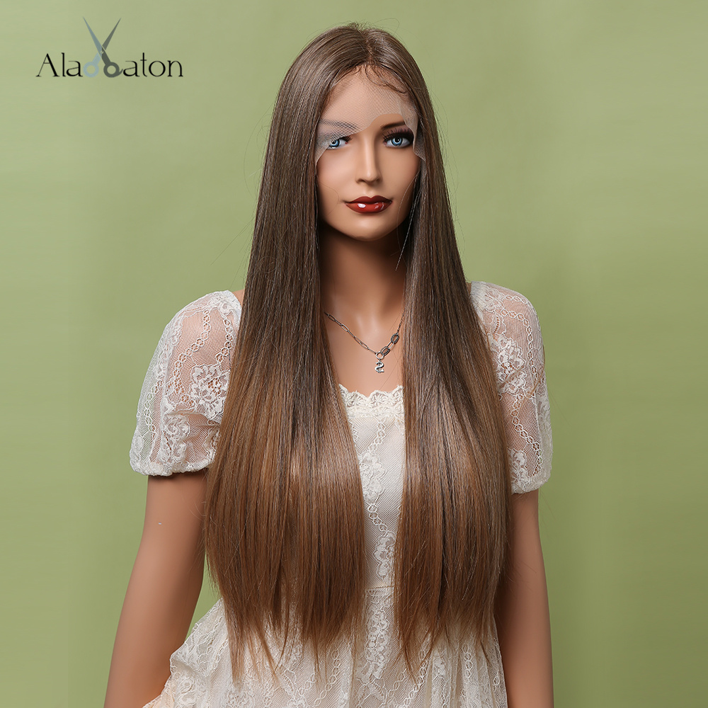 ALAN EATON Long Straight Ash Brown to Warm Brown Synthetic Lace Front Wig for Women Middle Part Heat Resistant Lace Hair Wigs