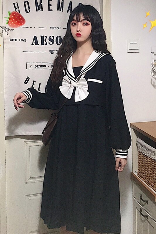 Japanse Stijl Zoete En Mooie Boog Matroos Kraag Lange Mouwen Jurk R Mid-Lengte Zwarte Rok Vrouwen &#39;S Herfst School Meisje