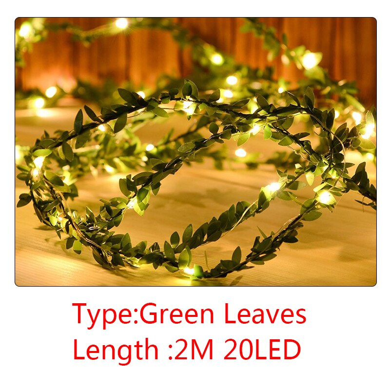 Ros blomma led fairy string lights utomhus led löv fairy lights för rustik bröllopsfest event krans dekor ljus: Blad 2m 20 led / Usb-driven