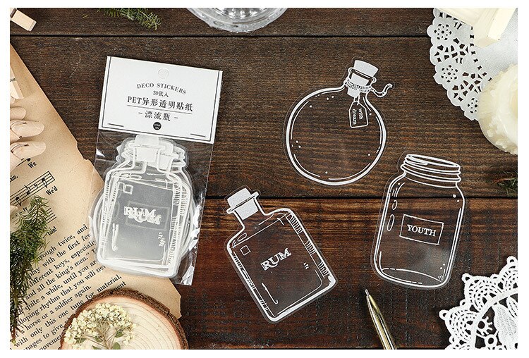 30pcs Transparent And Beautiful White Glassware Sticker Aesthetic Personality Cute Stationery Stickers Scrapbooking Decoration
