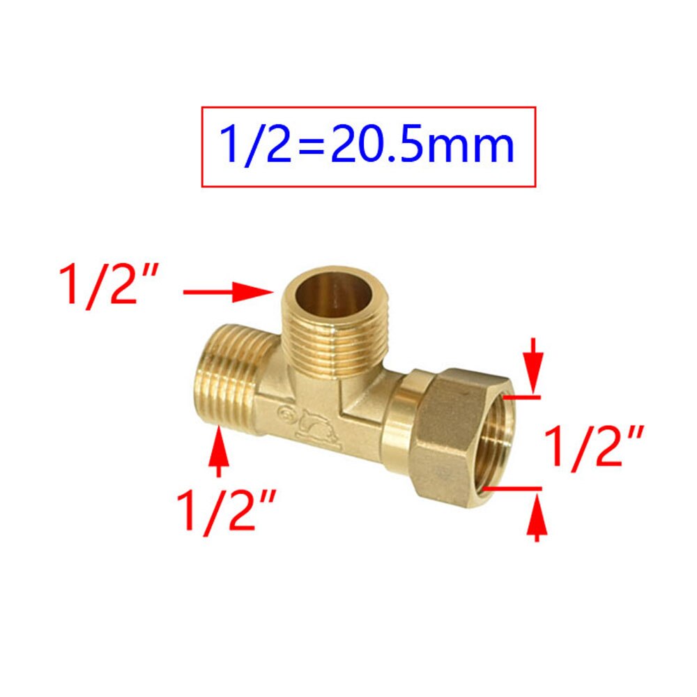 1/2 Inch Thread Tee Connector Brass T-Shaped 2-Way Water Splitter Copper Plumbing Adapter For Kitchen And Bathroom 1pcs