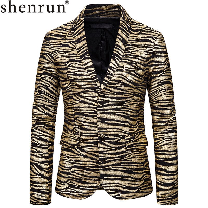 Shenrun herr kavaj slim fit jacka tiger randigt tryck kostym jackor scen sångare värd kostym casual kavaj guld silver