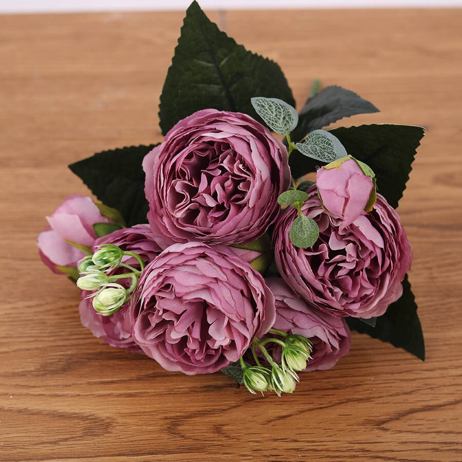 30 cm persisk rose korean buket pæon kunstig blomst 5 stort hoved 4 lille knopp bryllup boligindretning blomst fotografering prop: Lilla