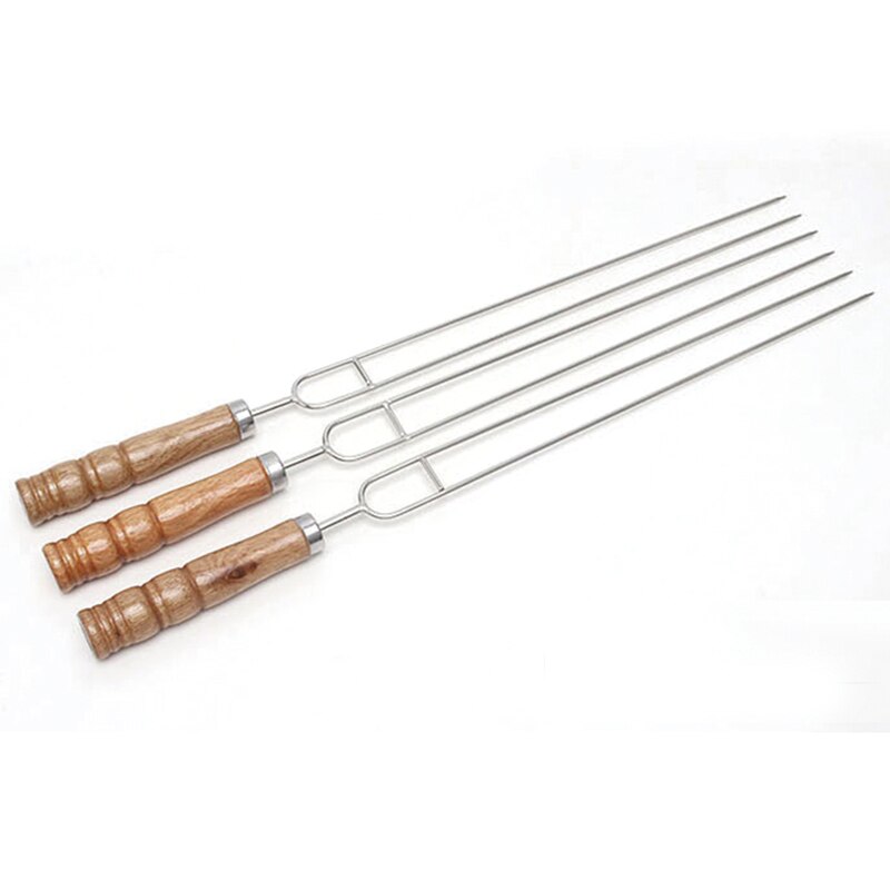Barbecue Skewers Wooden Handle Bbq Needle Stick for Outdoor Camping Picnic Tools Cooking Tools Reusable Stainless Steel Metal