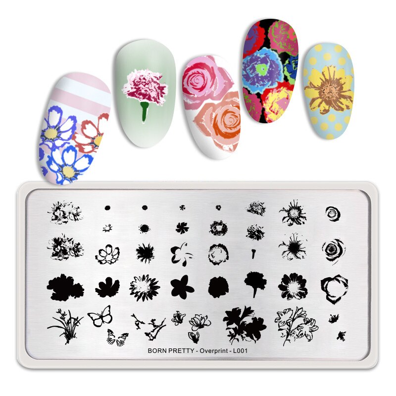 BORN PRETTY Rectangle Nail Stamping Plates Stainless Steel Simple High Nail Stamp Templates Flower tango-L003: O-L001