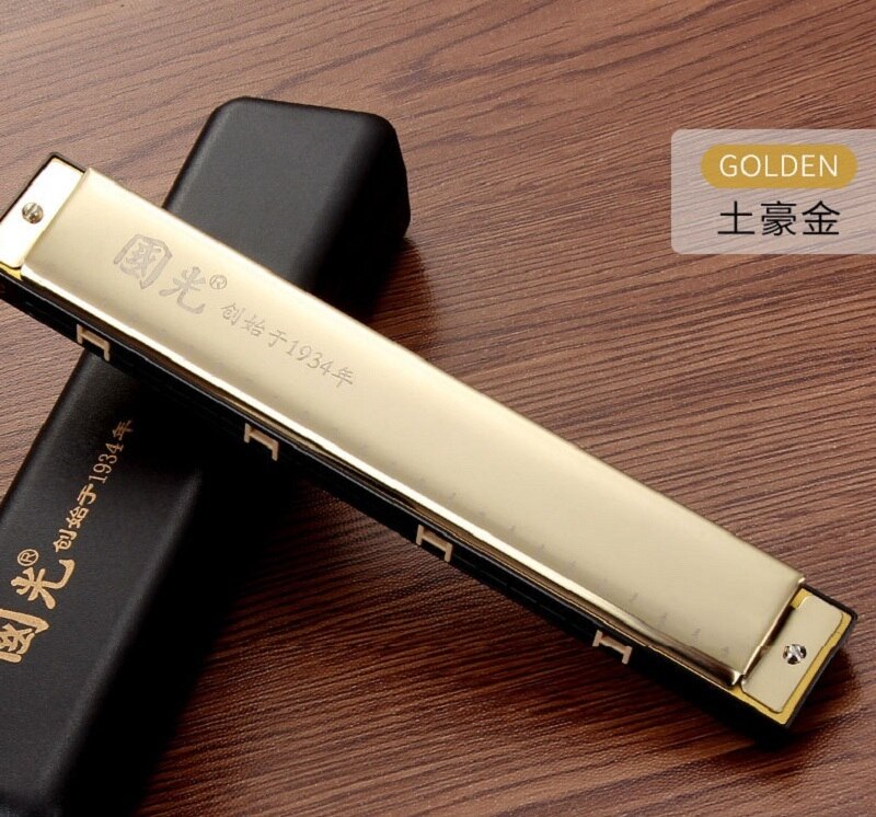Guoguang 24 otwory harmonijka tremolo C kluczowa harmonijka polifoniczna harmonijka ustna z futerałem: złoto